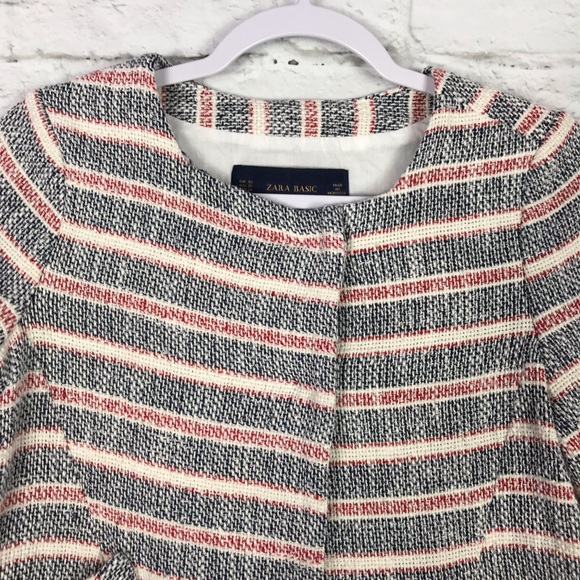 Zara Basic XS Tweed Knit Striped Navy / Red Blazer - Picture 4 of 6